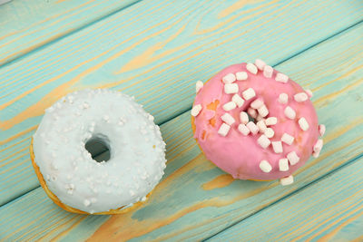 Close-up of donuts on table
