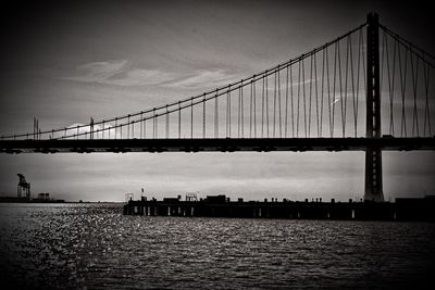 Suspension bridge over sea against sky