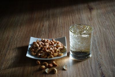 High angle view of beer in glass on table