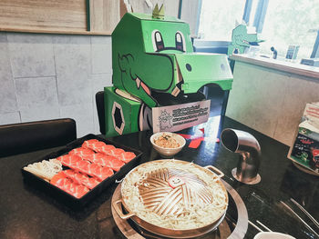 High angle view of food on table at home