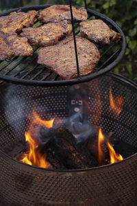 Close-up of bonfire on barbecue grill