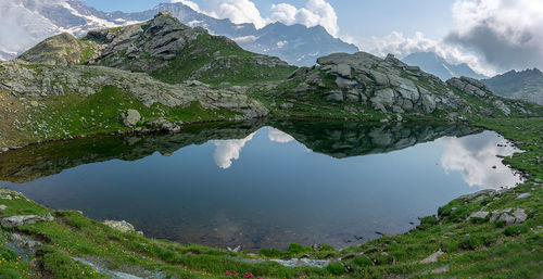 Scenic view of lake and mountains against sky