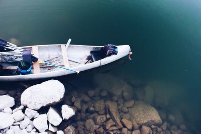 High angle view of boat moored in calm water