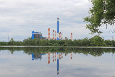 Reflection of buildings in lake against sky