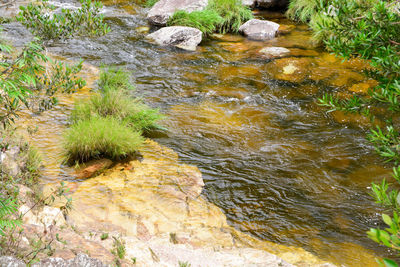 High angle view of stream flowing through rocks