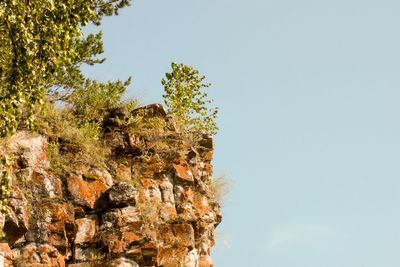 Low angle view of rock formation against clear sky