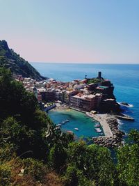 Scenic view of sea against clear blue sky