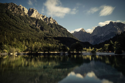 Scenic view of lake and mountains against sky