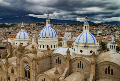 High angle view of buildings in city against sky