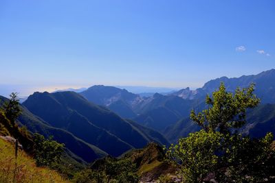 Scenic view of mountains against clear blue sky