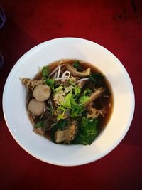 High angle view of soup in bowl on table