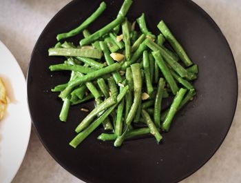 High angle view of green beans in plate