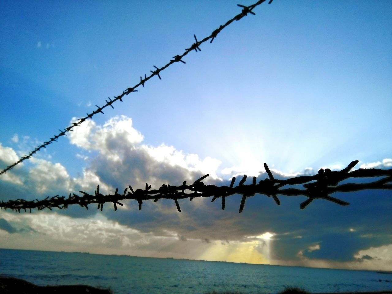 sea, water, horizon over water, sky, beach, protection, safety, tranquility, nature, in a row, tranquil scene, shore, blue, scenics, security, fence, sunset, beauty in nature, outdoors, flock of birds