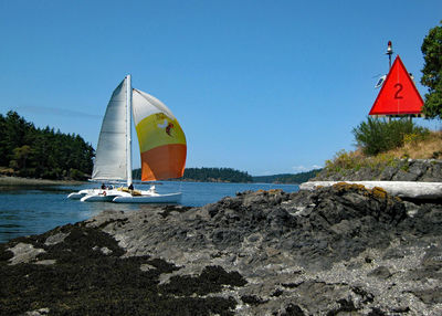 Sailboat on beach against clear sky