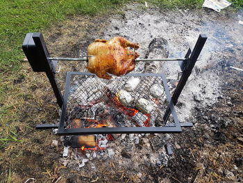 Close-up of meat on barbecue grill