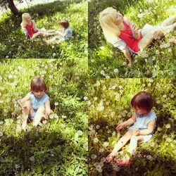 Siblings playing on field