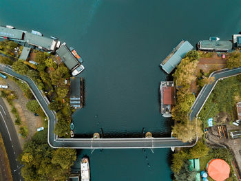 High angle view of buildings by canal