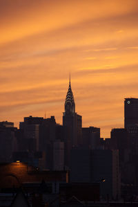 Buildings in city during sunset