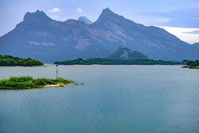 Scenic view of lake and mountains against sky