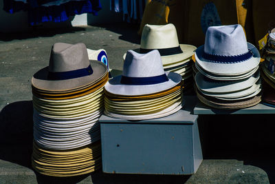 High angle view of hats for sale