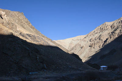 Scenic view of snowcapped mountains against clear blue sky