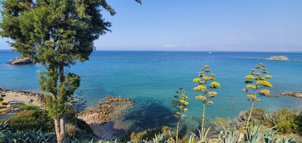 Scenic view of sea against blue sky