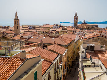 High angle view of townscape against clear sky