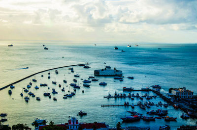 High angle view of boats in sea