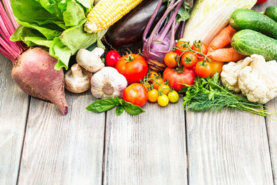 High angle view of vegetables on table