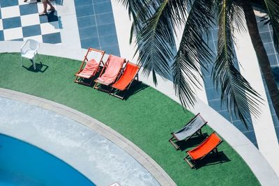 High angle view of palm trees by building