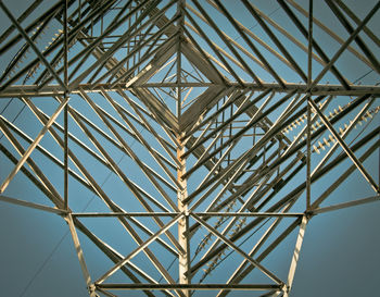 Low angle view of electricity pylon against clear sky