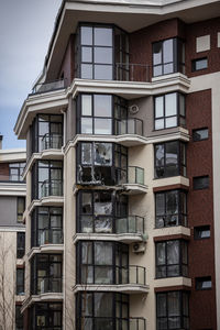 Destroyed buildings on the streets of hostomel.  buildings after being hit by missiles.