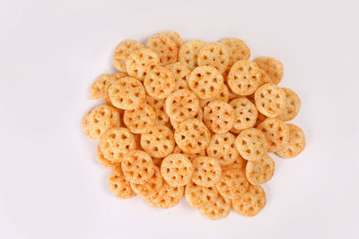 High angle view of cookies against white background