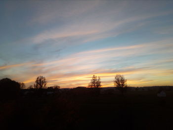 Silhouette trees on landscape against sky at sunset