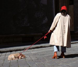 Rear view of woman with dog walking on umbrella