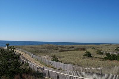 Scenic view of sea against clear blue sky