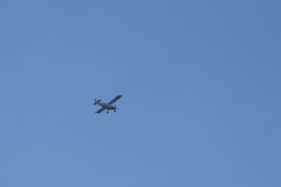 Low angle view of airplane against clear blue sky
