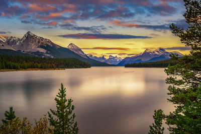 Scenic view of lake and mountains against sky during sunset