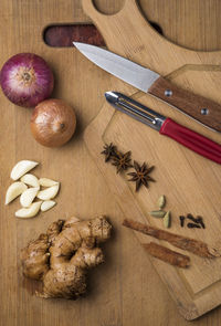 High angle view of chopped vegetables on table