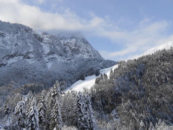 Scenic view of snowcapped mountains against sky