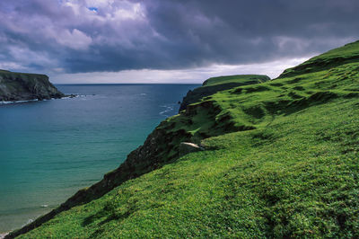 Panoramic view with low hanging clouds of irish coastal located close to malin beg. 