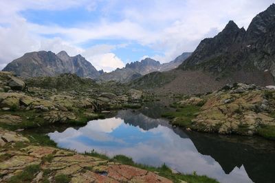 Scenic view of lake and mountains against sky