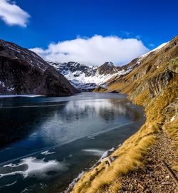 Scenic view of lake by snowcapped mountains against sky