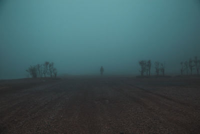 Distant view of woman on field during foggy weather