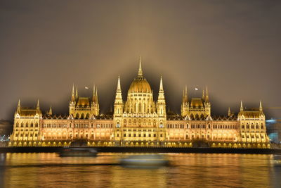 Illuminated hungarian parliament building by river at night