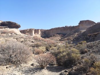 Scenic view of rocks against clear sky