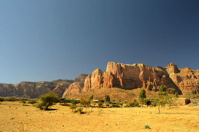 Scenic view of desert landscape against clear blue sky