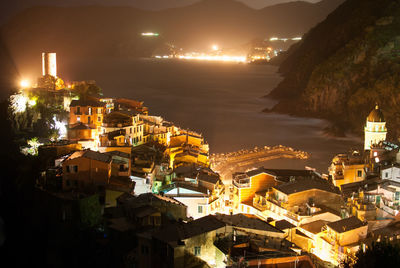 High angle view of town at night