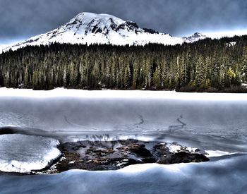 Scenic view of snow covered mountains