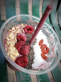 High angle view of strawberries in bowl